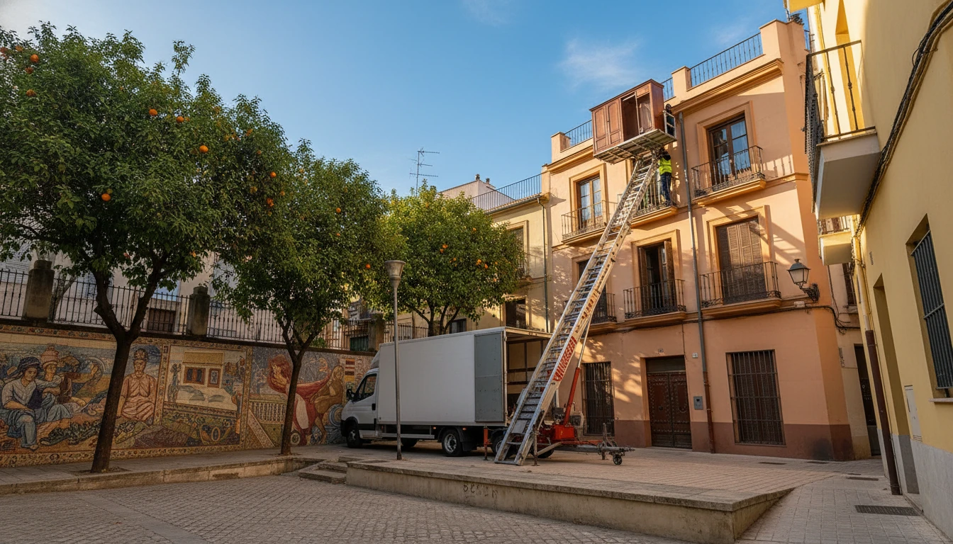 Técnicos coordinando una maniobra de montamuebles frente a la entrada de una comunidad en Sevilla