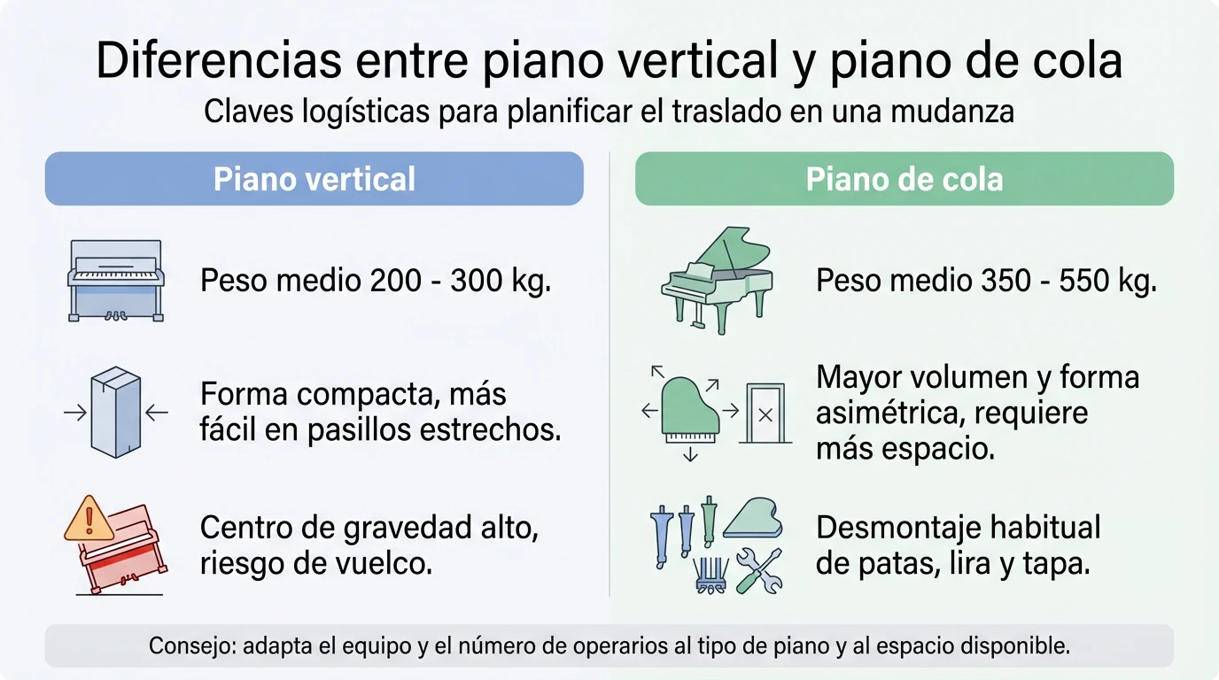 Cómo trasladar un piano en una mudanza: guía paso a paso y precios Diagrama comparativo entre piano vertical y piano de cola con claves logísticas para su traslado.