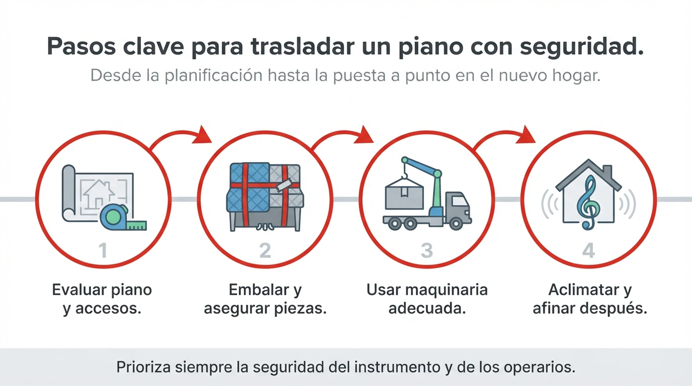Cómo trasladar un piano en una mudanza: guía paso a paso y precios Diagrama con los pasos principales para trasladar un piano con seguridad en una mudanza.