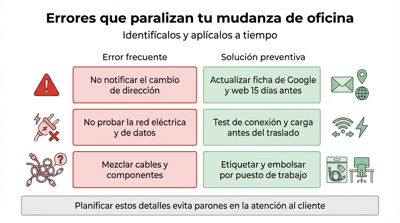 Claves para organizar una mudanza de oficina sin interrumpir la actividad Infografía comparativa con errores frecuentes y soluciones preventivas en una mudanza de oficina