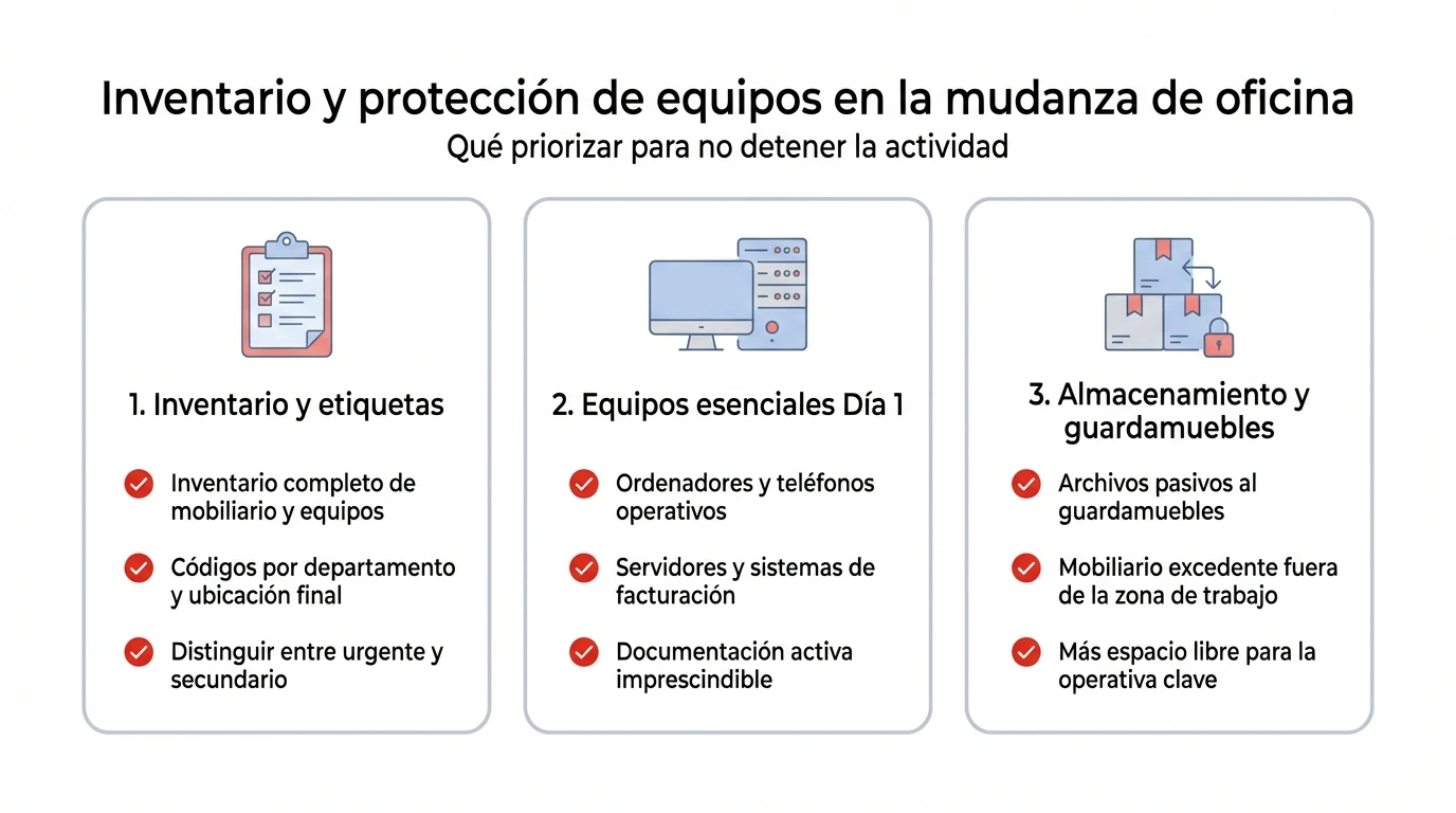 Claves para organizar una mudanza de oficina sin interrumpir la actividad Infografía con checklist de inventario y protección de equipos informáticos en una mudanza de oficina
