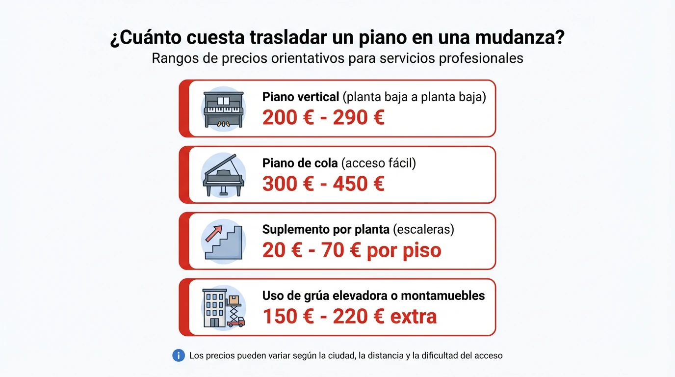 Cómo trasladar un piano en una mudanza: guía paso a paso y precios Infografía con rangos de precios aproximados para trasladar un piano en una mudanza profesional.